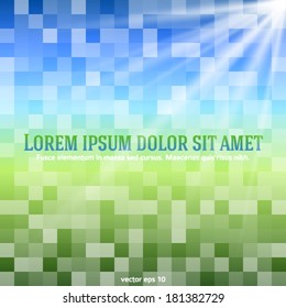 Blurry green field and blue sky with summer sun burst. Vector illustration Eps 10. Summer theme, a mosaic of bright glowing squares with glow sun ray. Gorgeous graphic for presentation design elements