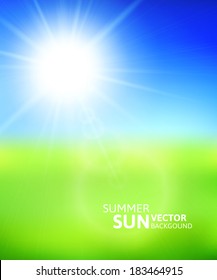 Blurry green field and blue sky with summer sun burst, vector background illustration