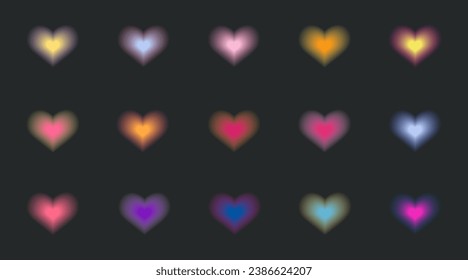 Blurry hearts aesthetic elements. Y2k style blurred gradient shapes. Colorful soft gradients. Modern minimalist design element with blur gradients vector template set.