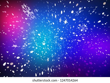 Blurry Lights Background with Falling Snow. Abstract Colorful Winter Illustration