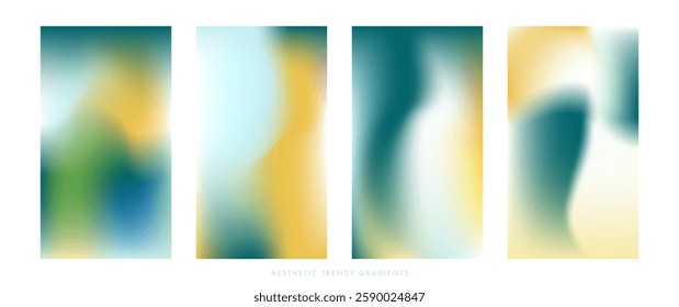 Blurry nature stories set. Light blue, green and yellow vertical vector gradient background. Simple soft abstract vector texture. Pastel gradient stories design template for poster, social post, cover