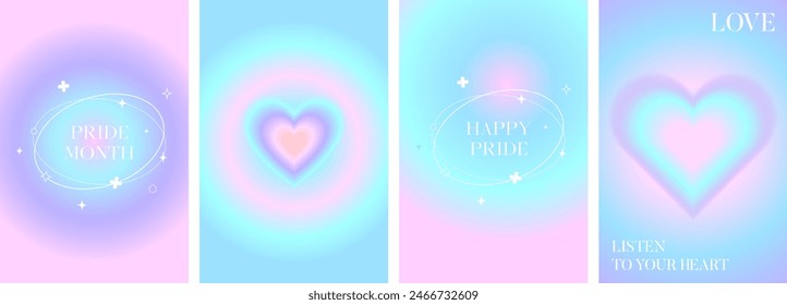 Anuncio borroso del mes del orgullo del amor del neón, conjunto de la cubierta. LGBT vibrante Y2K Plantilla de diseño de estética. Fondo de gradiente de aura de corazón holográfico. Ilustración vectorial