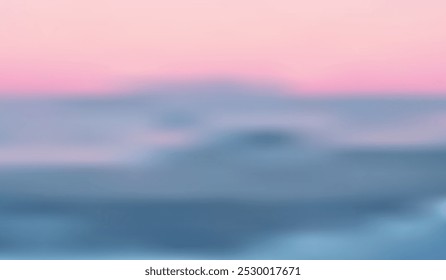 Blurry pastel-toned seascape with a pink sky and soft blue waves in the foreground.