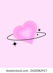 Blurry pink heart aura aesthetic element with linear form and sparkle. Trendy modern y2k style design template. Blurred gradient heart with stars.Vector illustration