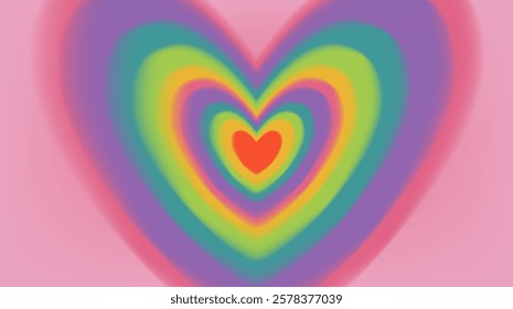 Blurry rainbow aura aesthetic background with concentric heart forms, trendy y2k style design template. Modern minimalist blurred gradient hearts.