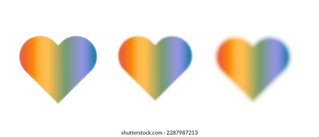 Blurry rainbow colored heart aura aesthetic element  Queer gay love symbol in trendy y2k style design template  Modern minimalist blurred gradient hearts for social media logo  Vector set 