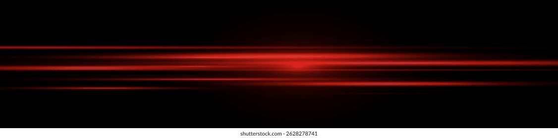 Blurry red glow explodes with neon ray and light streak in motion across black backdrop creating fast splash effect flare shine graphic vector design