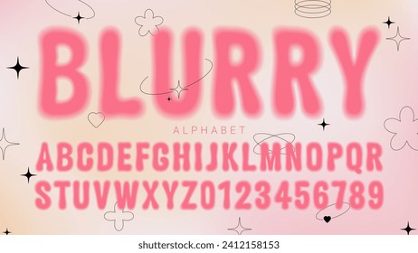 Blurry retro style font alphabet. Letters and numbers in Y2K style. Elements for social media, web design, posters, collages, covers, banners. Vector illustration with soft design alphabet of 1990s.