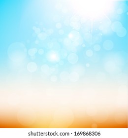 Blurry Sand And Blue Sky With Summer Sun Burst. Vector Illustration.