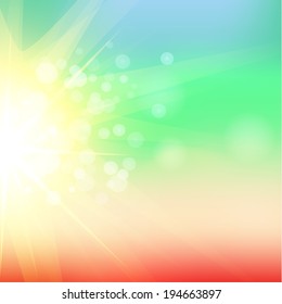 Blurry sand and blue sky with summer sun burst. Vector illustration. Rainbow colors 