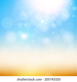 Blurry sand and blue sky with summer sun burst. Vector illustration.