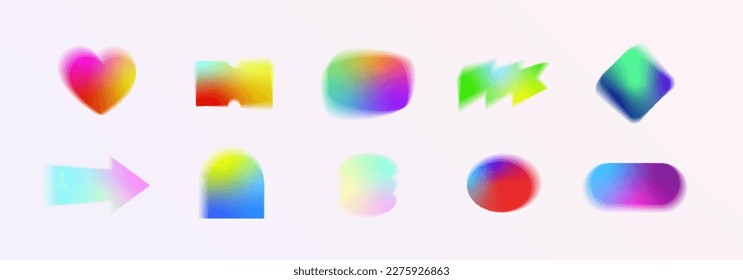 Blurry shapes set and y2k aura brutalism effect  Colorful contemporary decorative holographic gradient elements collection  Trendy distressed abstract banners vector templates bundle  Isolated