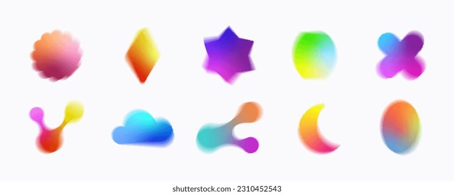 Blurry shapes set with y2k aura brutalism effect. Colorful contemporary decorative holographic gradient elements collection. Trendy distressed abstract banners vector templates bundle. Isolated