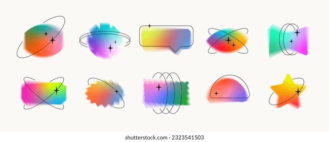 Unscharfe Formen mit y2k Aura-Effekt. Farbige Sammlung zeitgenössischer, dekorativer Elemente mit holografischem Farbverlauf mit Umlaufbahnen und Sternen. Trendy bedrückte abstrakte Banner Vektorvorlagen. isoliert