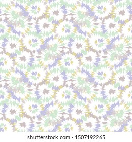 Blurry shibori tie dye naive daisy background. Seamless pattern on bleached resist white. Spring neo mint pastel for irregular dip dyed batik textile. Variegated pale textured trendy fashion swatch.