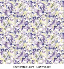 Blurry shibori tie dye naive daisy background. Seamless pattern on bleached resist white. Spring lilac pastel for irregular dip dyed batik textile. Variegated pale textured trendy fashion swatch.