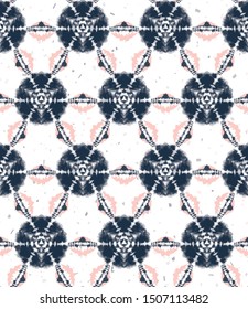 Blurry shibori tie dye sunburst circle background. Seamless pattern indigo coral bleached resist background. Japanese style irregular dip dyed batik textile. Variegated textured trendy fashion swatch.