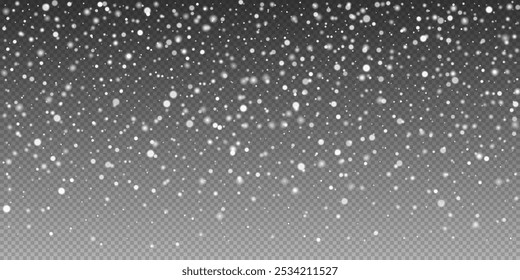 Blurry snowstorm with gentle snowflakes. Wintery flake shower, creating a festive snow covered landscape. Transparent design ideal for holiday banners and New Year themes.