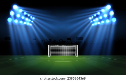 Blurry spotlights in football stadium or concert hall with supporters in background and starry night sky and nebula