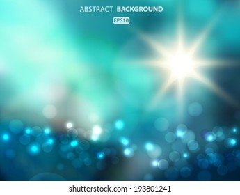 Blurry summer blue field and sun with bokeh effect. Vector EPS 10 illustration.