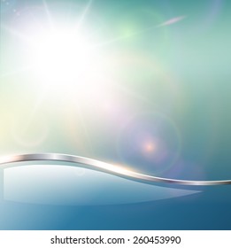 Blurry sunny scene with, sun burst, blue and green blur sky, vector illustration
