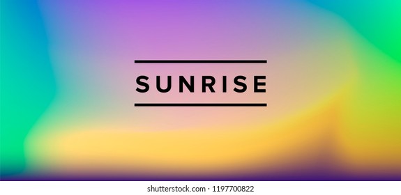 Blurry vector background of tropical sunrise. Holographic shiny colors, blue, yellow, green, purple, pink.