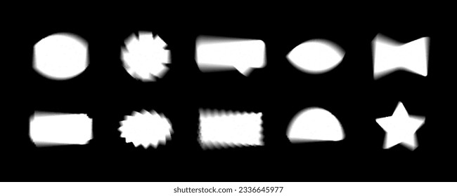 Blurry vector template shapes set with y2k aura brutalism effect. White on black contemporary decorative elements collection. Trendy distressed abstract banners bundle. Isolated