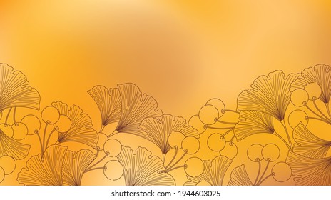 Blurry watercolor orange background with outline of Japanese ginkgo biloba leaves and berries
