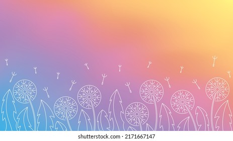 Blurry watercolor wallpaper with dandelion blowing flowers on rainbow background