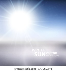 Blurry white mountain, and blur blue sky with winter sun burst, vector illustration