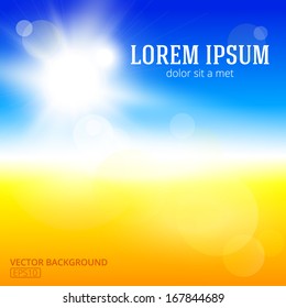 Blurry Yellow Beach And Blue Sky With Summer Sun Burst. Vector Illustration.