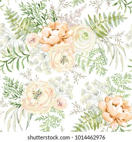 Blush apricot spring bouquets on the white background. Watercolor vector seamless pattern with delicate flowers. Peony, ranunculus, fern and light green leaves. Romantic illustration.