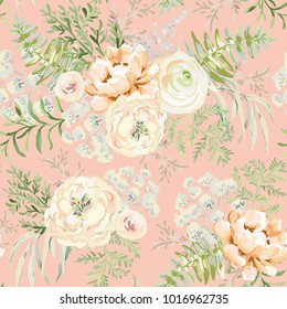 Blush apricot spring bouquets on the pink background. Watercolor vector seamless pattern with delicate flowers. Peony, ranunculus, fern and light green leaves. Romantic illustration.