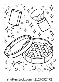 Blush ball and brush. Beauty coloring book.  Coloring book for children and adults. Black and white vector illustration.