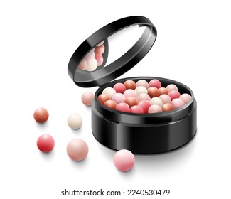 Blush balls, powder balls in round black case with mirror, colorful blush balloons, realistic 3d vector illustration, isolated on white background. Decorative cosmetics for beauty.