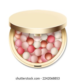 Blush balls, powder balls in round gold case with mirror, colorful blush balloons, realistic 3d vector illustration, isolated on white background. Decorative cosmetics for beauty.