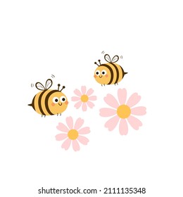 Blush bee cartoon and pink flower isolated on white background vector illustration.