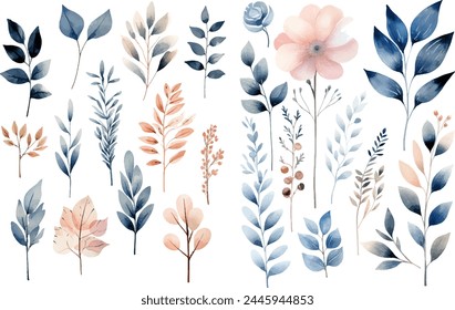 Blush and Blue Leaves Floral Watercolor, blush blue yellow flower blue leaf leaves branches bouquets collection, wedding invitations, anniversary, birthday.