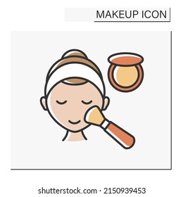  Blush color icon. Woman use cosmetic products to make pink cheeks. Cosmetology. Beauty salon. Makeup concept. Isolated vector illustration