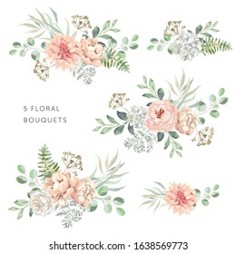 Blush dahlia, roses, peonies with green leaves bouquets, white background. Set of the bridal floral arrangements. Vector illustration. Romantic garden flowers. Wedding design clip art