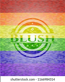 Blush emblem on mosaic background with the colors of the LGBT flag