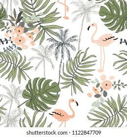 Blush flamingo, palm trees, leaves with white background. Vector seamless pattern. Tropical jungle foliage illustration. Exotic plants greenery. Summer beach floral design. Paradise nature graphic