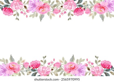 Blush flowers watercolor border, floral border on white background