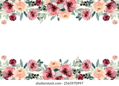 Blush flowers watercolor border, floral border on white background