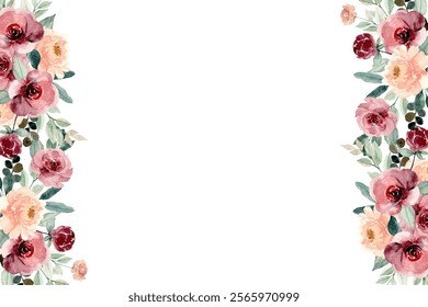 Blush flowers watercolor border, floral border on white background