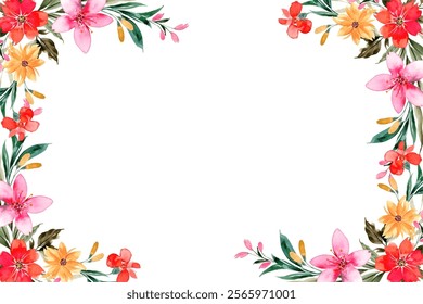 Blush flowers watercolor border, floral border on white background