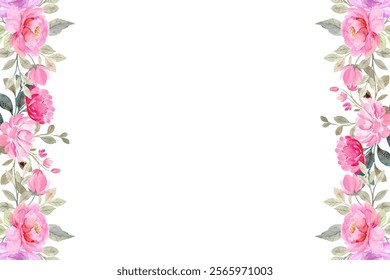 Blush flowers watercolor border, floral border on white background