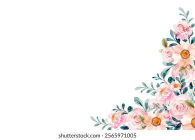 Blush flowers watercolor border, floral border on white background