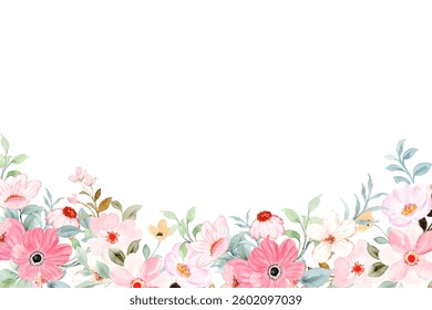 Blush flowers watercolor border, floral border on white background