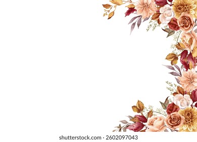 Blush flowers watercolor border, floral border on white background